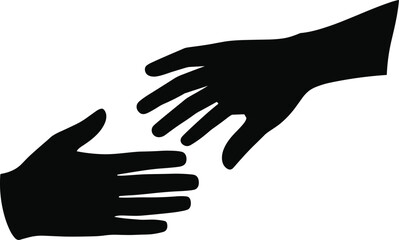 Silhouettes of two hands reaching toward each other, connection concept, help and support symbol, human interaction illustration, unity and relationship design