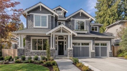 Stone Veneer. New Construction, Luxurious Home Design for Sale in Bellevue with Modern Curb Appeal, Blue and Grey Exterior