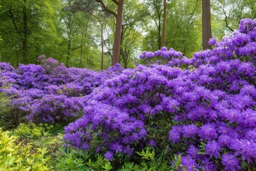 Lush purple rhododendrons fill a park