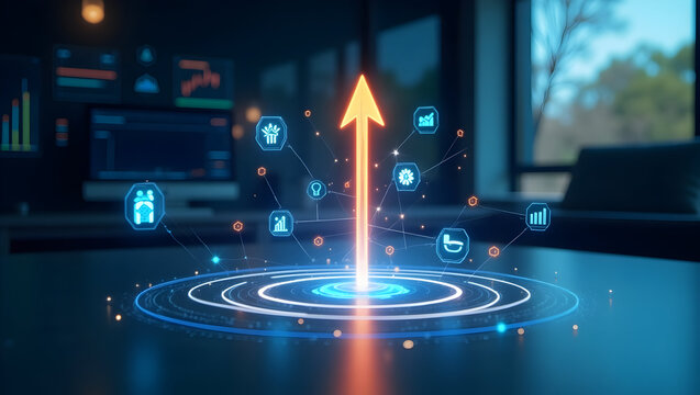 Glowing digital network with an upward arrow and abstract icons emanating from a central platform technology - Powered by Adobe