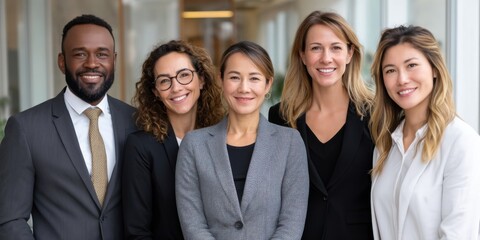 Group of 5 professionals in business attire, posing for a team photo in a modern office, diverse ethnicities and genders