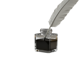 Classic transparent quill pen and clear glass inkwell with dark black ink on a minimalist desktop, blurred documents background, soft studio lighting, concept of enduring quality and timeless