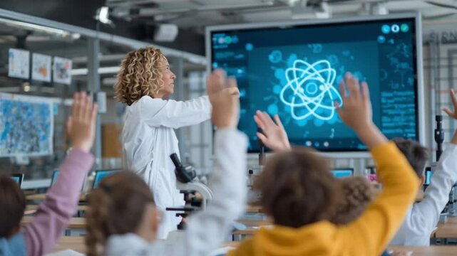 Science Lesson Enthusiasm: A teacher in a lab coat, leading a group of young students, raises their hands in an interactive and modern science lesson about the atom, fostering curiosity. 