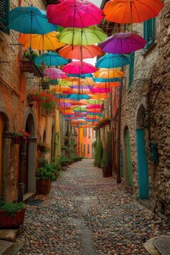 Umbrella Alley. Ancient Italian Architecture and Street Lights in Chiusa, Italy