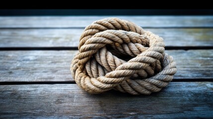 Obraz premium Thick coiled rope on rustic wooden dock during daytime