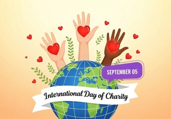 International day of charity, international day of charity illustration featuring hands holding hearts above the globe, promoting love, support, and global awareness