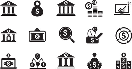 Assortment of fifteen black finance and banking icons on a white background money dollar