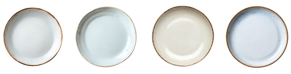 Four subtly textured ceramic plates in soft white, pale blue and natural beige hues with rustic brown rims, isolated on black background for versatile food or decor styling. PNG set Transparent bac...