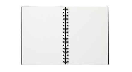 Pristine open spiral-bound notebook with blank white pages, black binding, crisp edges, isolated on a transparent background with copy space, flat lay studio photo for ideation