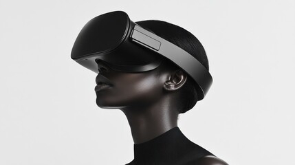 Adult African American woman wearing virtual reality headset in studio