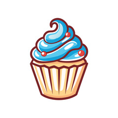 Cartoon Cupcake with Blue Frosting and Red Sprinkles on White Background