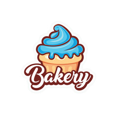 Delicious Cupcake Featuring Blue Frosting and Bakery Text on White