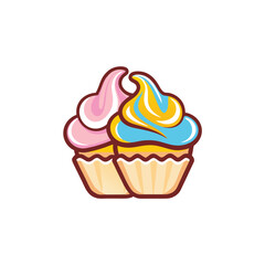 Cartoon Style Cupcakes with Pink and Yellow Frosting on White Background