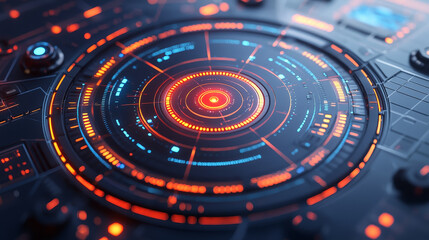 Futuristic digital interface with glowing circular patterns and vibrant colors, showcasing advanced technology and design elements. intricate details create captivating visual experience