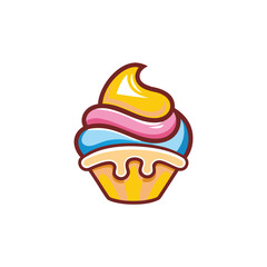 Cartoon Cupcake with Colorful Frosting on White Background