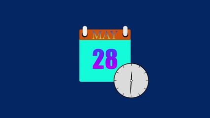 Glowing calendar animation May 28 date animation. glowing clock loop and black background