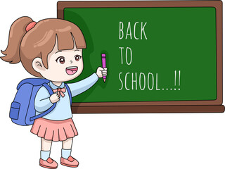 Happy students with a backpack writing "Back to School" on a chalkboard. This cheerful illustration is perfect for new academic year promotions and educational themes