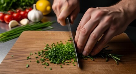 Chef skillfully chopping fresh herbs on wooden cutting board for vibrant, flavorful dishes