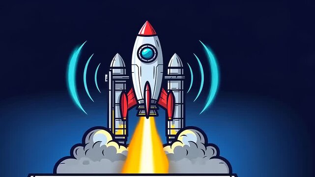 Colorful rocket launching from a platform with smoke and sound waves against a dark background