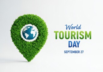 World tourism day, celebrate world tourism day on september 27th with a green pin globe representing ecological travel and global connection