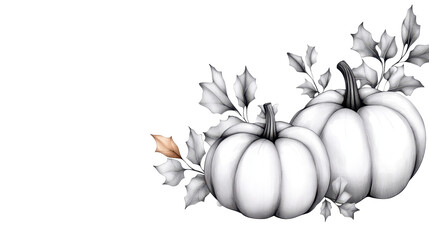Elegant black and white pumpkins with leaves create a lovely autumn illustration.
