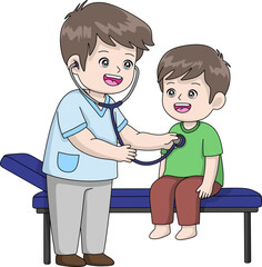 A friendly doctor uses a stethoscope to examine a happy young boy. A cute illustration for pediatric healthcare, checkups, and wellness