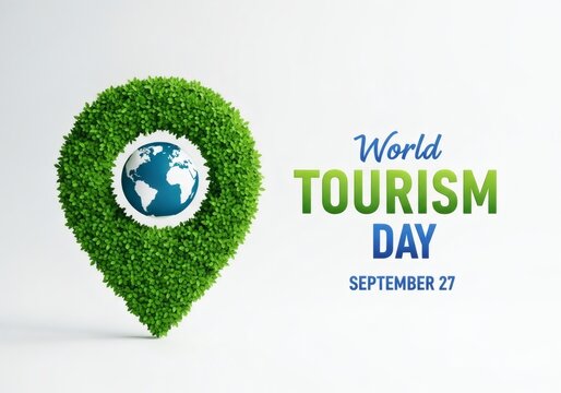 World tourism day, celebrate world tourism day on september 27th with a green pin globe representing ecological travel and global connection