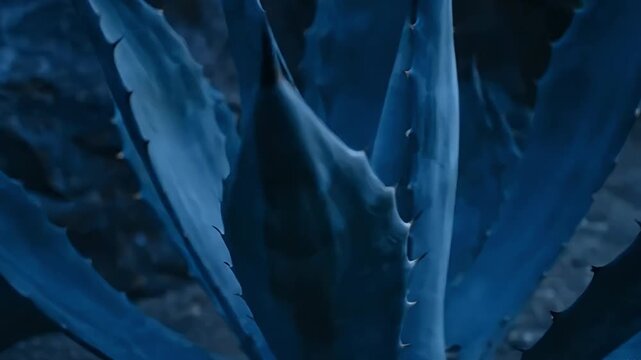 Closeup of a bluish agave plant with sharp spiky leaves