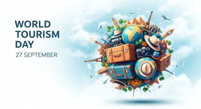 World tourism day, world tourism day illustration with suitcases, landmarks, and a globe, celebrating travel and cultural exchange on 27 september