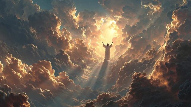Divine Ascent: A silhouetted figure with outstretched arms ascends into a heavenly realm of sunlit clouds, exuding a sense of spiritual elevation and transcendence.