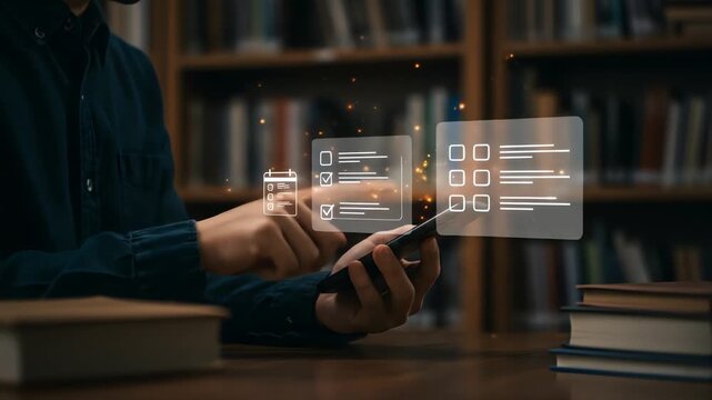Person interacting with holographic todo lists and calendar on a phone