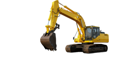 Bright yellow hydraulic excavator with bucket digging dark earth on a clean construction site under azure sky, intricate details, f/8-f/11, low ISO, concept of modern industrial progress and