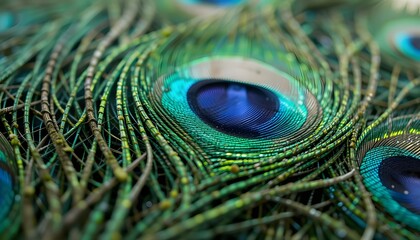 Fototapeta premium Close up of vibrant green and blue peacock feathers with intricate eye patterns