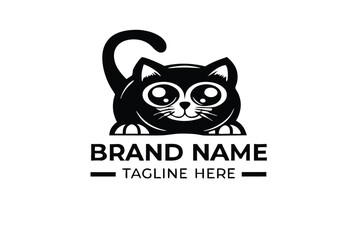 Cartoon Black Cat Mascot with Big Eyes, Cute Kawaii Style on White Background