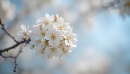 Obraz premium Delicate white cherry blossoms bloom on a branch with a soft blue sky background