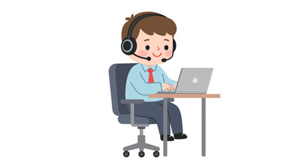An illustration of a smiling boy wearing a headset, sitting at a desk, and typing on a laptop, representing customer support or online learning.