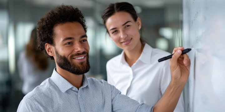 Two international work teams from different countries are brainstorming in two glass cubicles, one of the participants is writing down ideas on a flipchart