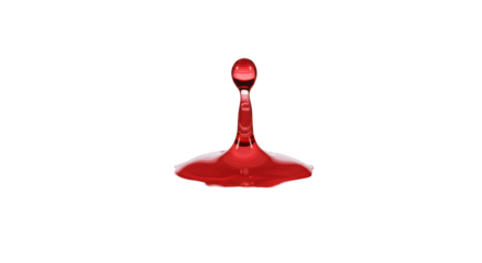 Crimson red liquid drop perfectly impacting a pristine, reflective white surface, creating a concentric ripple on a transparent background, concept of impactful innovation