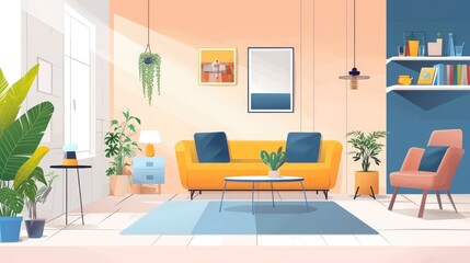 Fototapeta premium Comfortable Living Room Decor With Yellow Sofa Plants And Artwork