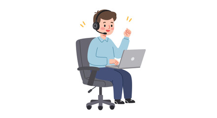 An energetic cartoon man wearing a headset works on a laptop, sitting in an office chair with a positive gesture.