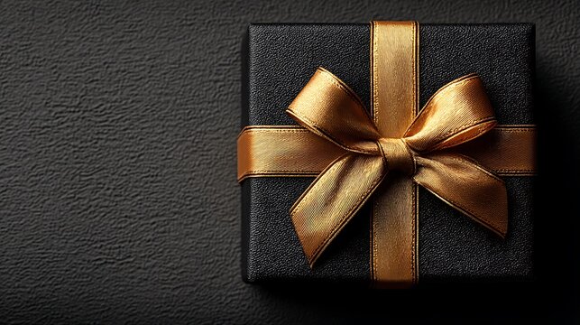 Christmas luxury black gift box with shiny golden ribbon on dark background, designed for holiday marketing, with empty space for sale announcement or seasonal message.