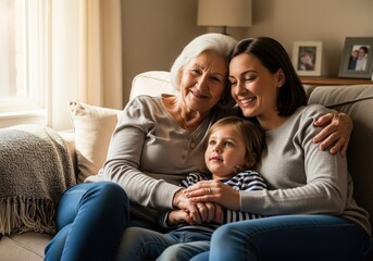 A cozy home setting with three smiling generations seated together on a sofa expressing warmth closeness and affectionate family connection in bright environment