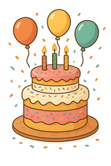 Birthday Cake Vector Illustration &ndash; Festive Dessert with Candles, Frosting, and Balloons