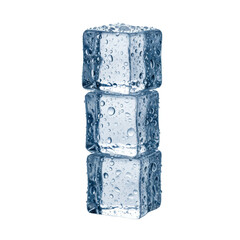 Three pristine, stacked translucent ice cubes with glistening condensation droplets, on a reflective puddle against a transparent studio background. Concept of refreshing purity