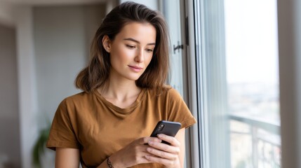 Young woman in casual clothes is reading a message on her smartphone, standing by a window with soft natural light, modern interior in the background 