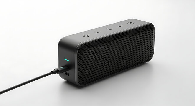 Close up of a black bluetooth speaker with charging cable on a white surface in a studio setting