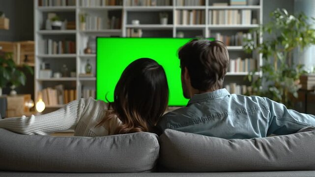 Cozy TV Time: A couple lounges intimately on a soft sofa, eyes fixated on the television screen, a comfortable interior setting of domestic tranquility and modern living. 