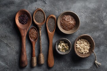 Wooden spoons holding various seeds and grains (1)