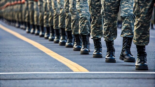 Row of soldiers marching in formation military boots parade discipline teamwork
 - Powered by Adobe