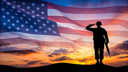 Silhouette of soldier saluting with rifle against American flag background at sunset patriotism concept
